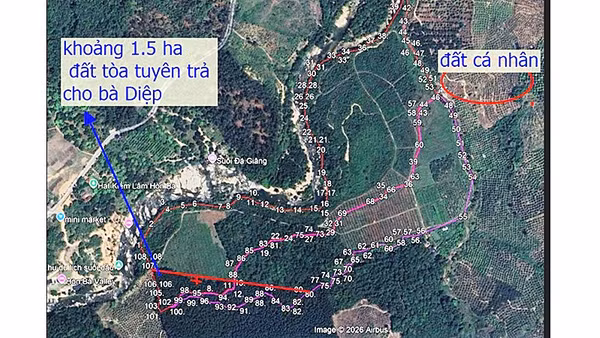 Các vị trí xảy ra tranh chấp giữa bà Diệp và ông Vui tại xã Suối Dầu (Khánh Hòa).