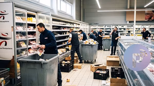 Nhân viên Intermarche phải vứt bỏ thực phẩm sau vụ tấn công mạng. Ảnh: REUTERS