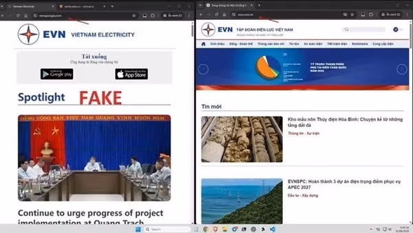 Hình ảnh một website giả mạo ngành điện nhằm mục đích lừa đảo. (Ảnh: EVNSPC)