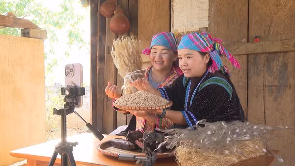 Người dân Lai Châu giới thiệu, bán các sản phẩm nông sản trên sàn thương mại điện tử.