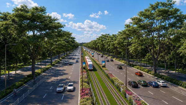 Tuyến tàu điện nhẹ (LRT) được vận hành trên trục đường ĐT.975 là những "mắt xích" trong chuỗi hạ tầng đang được triển khai đồng thời tại Phú Quốc. (Ảnh phối cảnh minh họa: Sun Group)