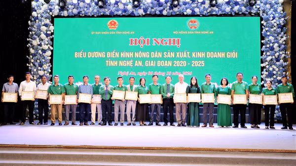 Lãnh đạo Hội Nông dân tỉnh Nghệ An trao Bằng khen của Hội cho các hội viên có thành tích xuất sắc. (Ảnh: PQ)