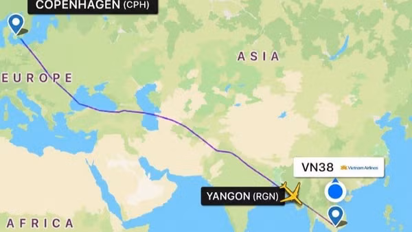 Sơ đồ hành trình bay của chuyến bay VN38 từ Copenhagen đi Thành phố Hồ Chí Minh. (Ảnh: Vietnam Airlines cung cấp).