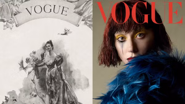 Tranh minh họa của A.B. Wenzell, đăng trên Vogue số tháng 12/1982(bên trái) và ảnh do Ethan James Green thực hiện, đăng trên Vogue số tháng 10/2024. (Ảnh: vogue.com)