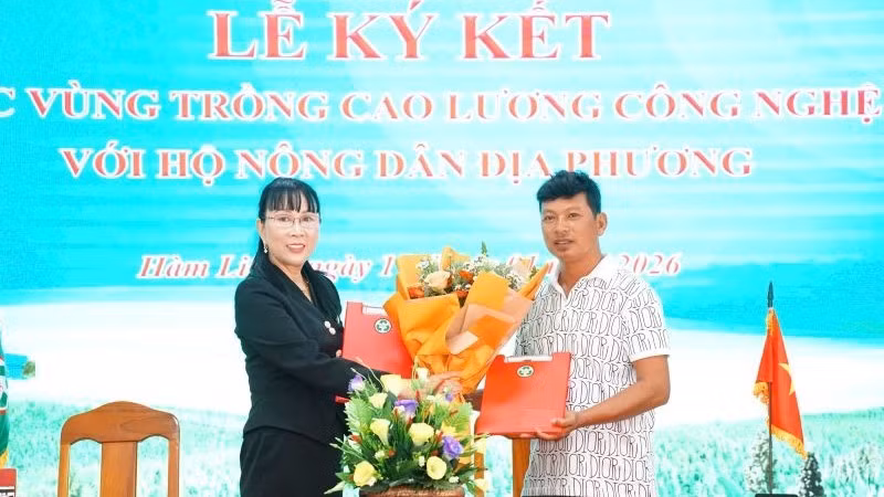 Bà Lê Thị Mỹ Hằng, Chủ tịch Hội đồng quản trị QHC Group trao biên bản ký kết hợp tác phát triển vùng trồng cao lương với đại diện các hộ nông dân địa phương.