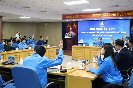 Các đại biểu cho ý kiến bằng hình thức biểu quyết giơ tay tại Hội nghị.