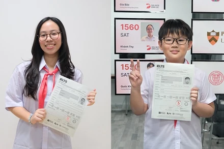 Từ phải qua: Trần Đình Hoàng Phúc, cậu bé giành 8.0 IELTS khi mới 10 tuổi; Nguyễn Ngọc Linh Đan, nữ sinh lớp 8 với thành tích 8.5 IELTS.
