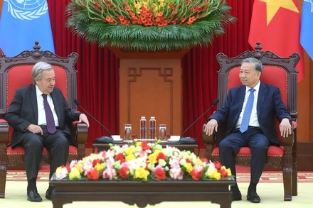 Tổng Bí thư Tô Lâm tiếp Tổng Thư ký Liên hợp quốc Antonio Guterres. (Ảnh ĐĂNG KHOA)