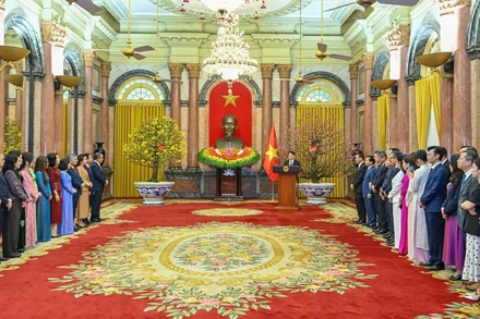 Chủ tịch nước Lương Cường đã gặp mặt, chúc Tết cán bộ, công chức, người lao động Văn phòng Chủ tịch nước. (Ảnh: Thủy Nguyên)