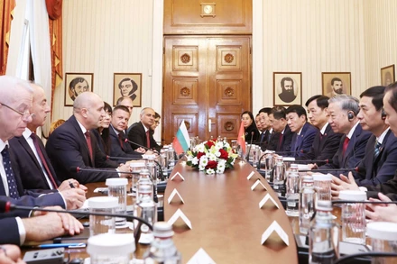 Tổng Bí thư Tô Lâm và Tổng thống Bulgaria Rumen Radev hội đàm chính thức. (Ảnh: THỐNG NHẤT/TTXVN)