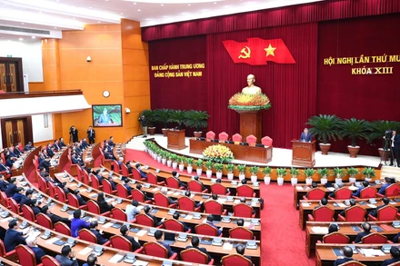 Phiên bế mạc Hội nghị lần thứ 14 Ban Chấp hành Trung ương Đảng khóa XIII. (Ảnh: ĐĂNG KHOA)