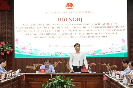 Đồng chí Lò Văn Cương, Phó Chủ tịch Ủy ban nhân dân tỉnh Điện Biên phát biểu tại cuộc họp.