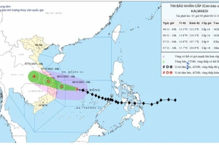 Bản đồ dự báo quỹ đạo và cường độ bão số 13 (Kalmaegi) phát lúc 5 giờ sáng 6/11/2025. (Nguồn: Trung tâm Dự báo khí tượng thủy văn quốc gia)