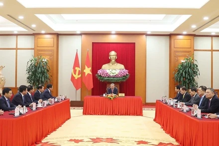 Tổng Bí thư Tô Lâm điện đàm với Tổng thống Hoa Kỳ Donald Trump. Ảnh: (THỐNG NHẤT/TTXVN)