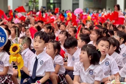 Học sinh lớp 1 Trường tiểu học Chu Văn An (Tây Hồ, Hà Nội) trong lễ khai giảng ngày 5/9/2025. (Ảnh: DUY LONG)