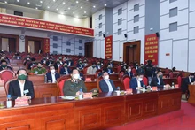 Các đại biểu dự khai mạc diễn tập khu vực phòng thủ huyện Mê Linh. (Ảnh: Thu Đức)