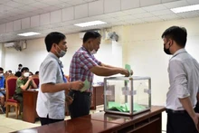 Phiên đấu giá đất tại huyện Mê Linh. (Ảnh: Ngọc Sơn)
