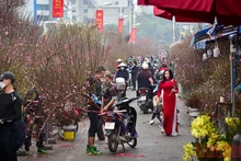 Đâu đó là hình ảnh thiếu nữ với tà áo dài đỏ đi giữa cảnh tập nập ở chợ hoa Quảng Bá. (Ảnh: Thành Đạt)