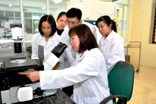 PGS.TS Trần Thị Thu Hà hướng dẫn sinh viên nghiên cứu.