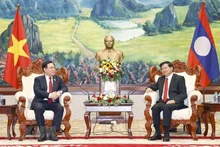 Chủ tịch Quốc hội Vương Đình Huệ đến chào xã giao Tổng Bí thư, Chủ tịch nước Lào Thongloun Sisoulith. (Ảnh: Doãn Tấn/TTXVN)
