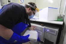 Một kỹ thuật viên dược của tổ chức Croydon Health Services chuẩn bị bảo quản vaccine Covid-19 đợt đầu tiên tại Bệnh viện Đại học Croydon ở Croydon, Anh ngày 5-12. Ảnh: AP.