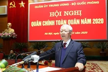 Tổng Bí thư, Chủ tịch nước Nguyễn Phú Trọng, Bí thư Quân ủy T.Ư phát biểu chỉ đạo Hội nghị. (Ảnh: TTXVN)