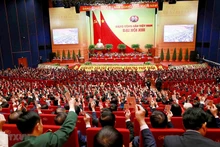 Các đại biểu biểu quyết, thông qua Nghị quyết Đại hội XIII Đảng Cộng sản Việt Nam. (Ảnh: TTXVN)
