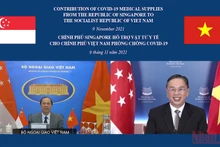Lễ bàn giao tượng trưng vật tư, y tế phòng, chống Covid-19 của Singapore hỗ trợ Việt Nam. (Ảnh: Bộ Ngoại giao)