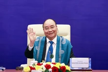 Chủ tịch nước Nguyễn Xuân Phúc tại điểm cầu Hà Nội. (Ảnh: TTXVN)