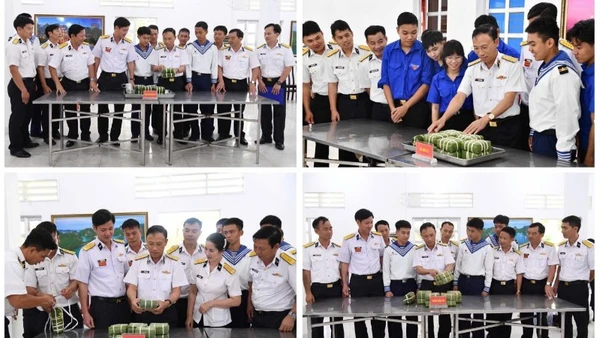 Chuẩn Đô đốc Ngô Văn Thành cùng các đại biểu tham quan sản phẩm tại hội thi. (Ảnh do Vùng 5 Hải quân cung cấp)