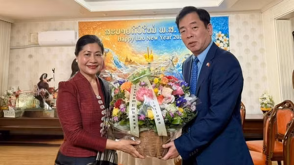 Đại sứ Vũ Hồ gửi lời chúc mừng năm mới tốt đẹp nhất tới Đại sứ Kaymany Oraboune.