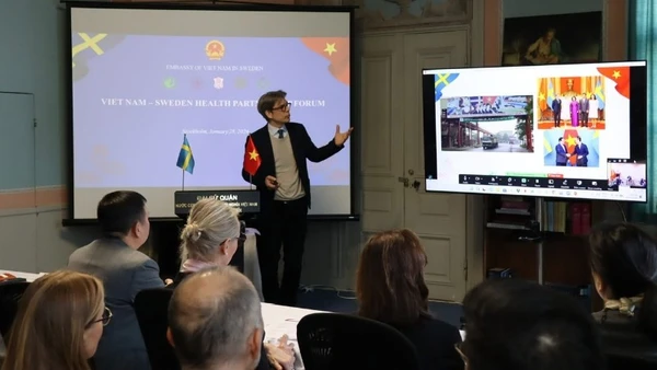 Các diễn giả trình bày tại Diễn đàn đối tác y tế Việt Nam-Thụy Điển. (Ảnh: Đại sứ quán Việt Nam tại Thụy Điển)
