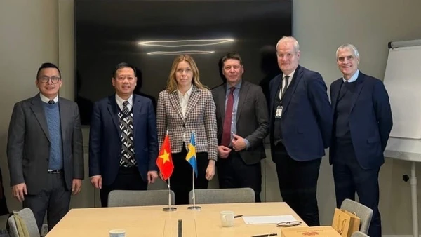 Đại sứ Trần Văn Tuấn và bà Michaela Hollis, Quốc vụ khanh phụ trách lĩnh vực chăm sóc sức khỏe, Bộ Y tế và Các vấn đề xã hội Thụy Điển cùng các đồng nghiệp. (Ảnh: Đại sứ quán Việt Nam tại Thụy Điển)