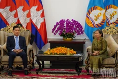 Phó Trưởng Ban Tuyên giáo và Dân vận Trung ương Đảng Cộng sản Việt Nam Triệu Tài Vinh chào xã giao Samdech Men Sam An. (Ảnh: ĐINH TRƯỜNG)