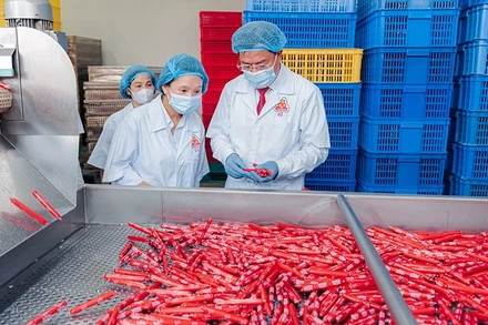 Sản xuất xúc xích tiệt trùng ở Công ty cổ phần Việt Nam Kỹ nghệ súc sản (VISSAN). 