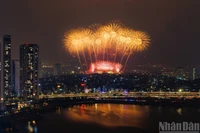 Pháo hoa trên bầu trời Hà Nội mừng Đại hội XIV của Đảng thành công. Ảnh: Thành Đạt