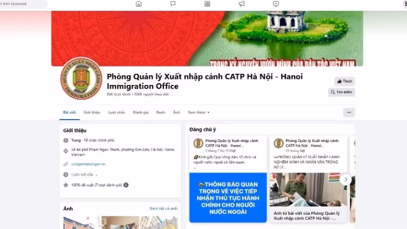 Trang Facebook của Phòng Quản lý xuất nhập cảnh Công an thành phố Hà Nội. 