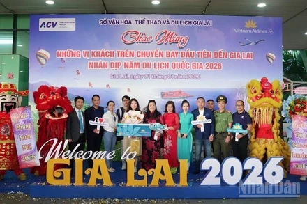 Những hành khách quốc tế đầu tiên tới Thành phố Hồ Chí Minh năm 2026 trên chuyến bay VN30 từ Frankfurt (Đức) hạ cánh tại Cảng hàng không quốc tế Tân Sơn Nhất.