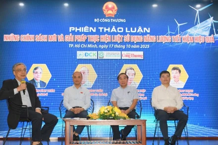 Các chuyên gia, đại diện các đơn vị trao đổi tại Diễn đàn “Sử dụng năng lượng tiết kiệm, hiệu quả: Thành quả và mục tiêu trong kỷ nguyên vươn mình”. (Ảnh: MINH KHUÊ)