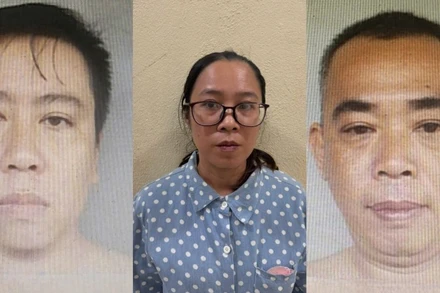 Các bị can: Khổng Đức Hồng, Bùi Thị Mộng Thu, Nguyễn Đức Khánh (từ trái qua). (Ảnh: Công an cung cấp)