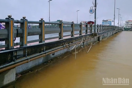 Nước lũ đã chạm dầm cầu Châu Ổ (lý trình Km1036+ 261 tuyến quốc lộ 1 qua địa bàn xã Bình Sơn, tỉnh Quảng Ngãi), uy hiếp an toàn công trình.