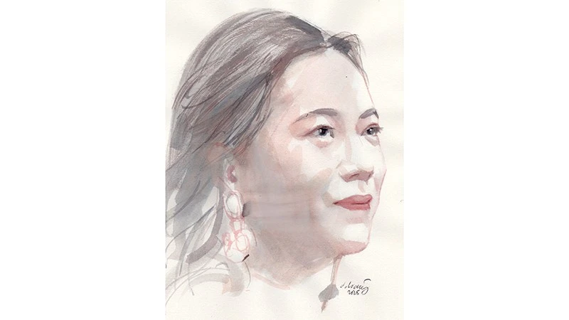 Ký họa chân dung nhà thơ Vi Thùy Linh của họa sĩ Đỗ Hoàng Tường.