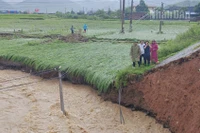 Mố cầu ở Khu vực cầu bản Trò 2, tuyến quốc lộ 37 bị ảnh hưởng, nguy cơ cầu bị mưa lũ cuốn trôi. (Ảnh: HOÀNG LONG)