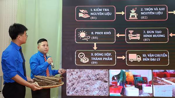 Đại diện tác giả, nhóm tác giả các dự án khởi nghiệp thuyết trình trước hội đồng giám khảo. (Ảnh: Trung ương Hội Liên hiệp Thanh niên cung cấp)
