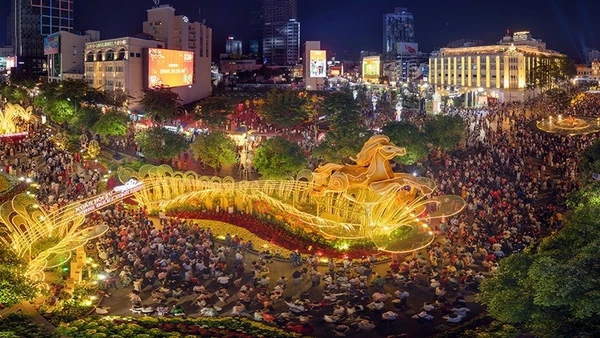 Phối cảnh Đường hoa Nguyễn Huệ rực rỡ trong đêm tối.