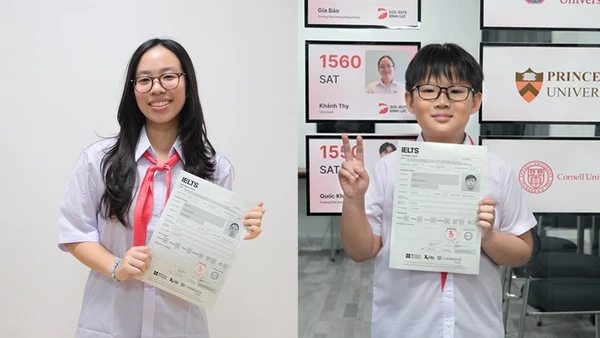 Từ phải qua: Trần Đình Hoàng Phúc, cậu bé giành 8.0 IELTS khi mới 10 tuổi; Nguyễn Ngọc Linh Đan, nữ sinh lớp 8 với thành tích 8.5 IELTS.