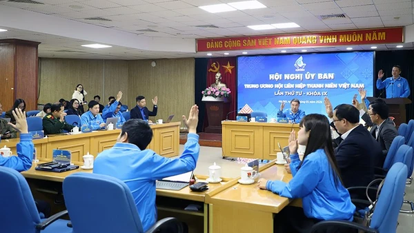 Các đại biểu cho ý kiến bằng hình thức biểu quyết giơ tay tại Hội nghị.