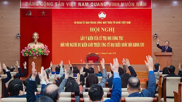 Cử tri Cơ quan Ủy ban Trung ương Mặt trận Tổ quốc Việt Nam biểu quyết đối với danh sách người dự kiến giới thiệu ứng cử đại biểu Quốc hội khóa XVI.