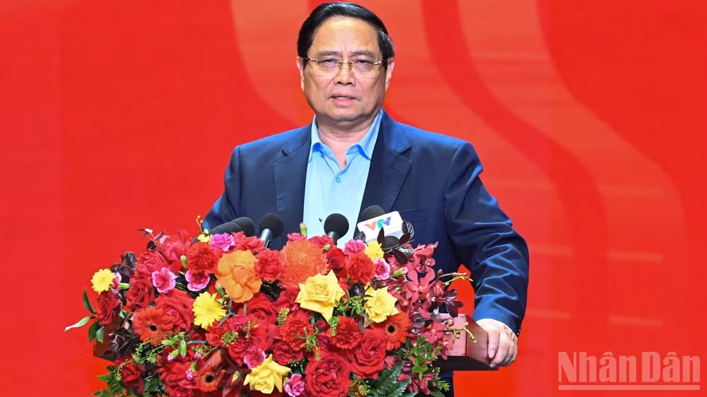 Thủ tướng Chính phủ Phạm Minh Chính phát biểu tại Đại hội Thi đua yêu nước ngành Ngân hàng lần thứ IX. (Ảnh: Trần Hải)