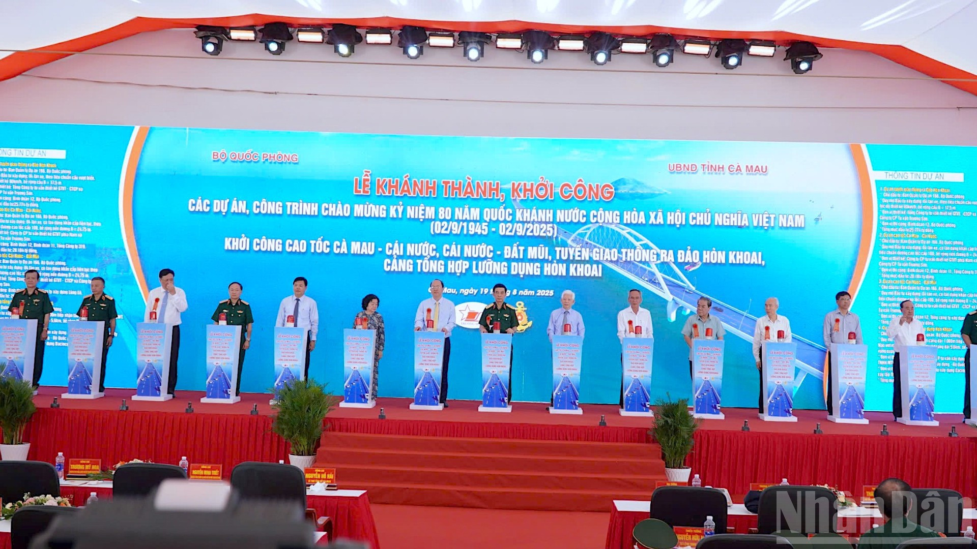 Đại tướng Phan Văn Giang cùng nhiều lãnh đạo cấp cao của Trung ương, Bộ Quốc phòng và lãnh đạo tỉnh Cà Mau thực hiện nghi thức khởi công cụm dự án trọng điểm tại Khai Long. ndo_br_khoi-cong-17-6200.jpg